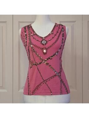 Y2K Mcbling Pink Beaded Tank Top Tricia Size M (S/M) Vintage 2000s Going Out Top
